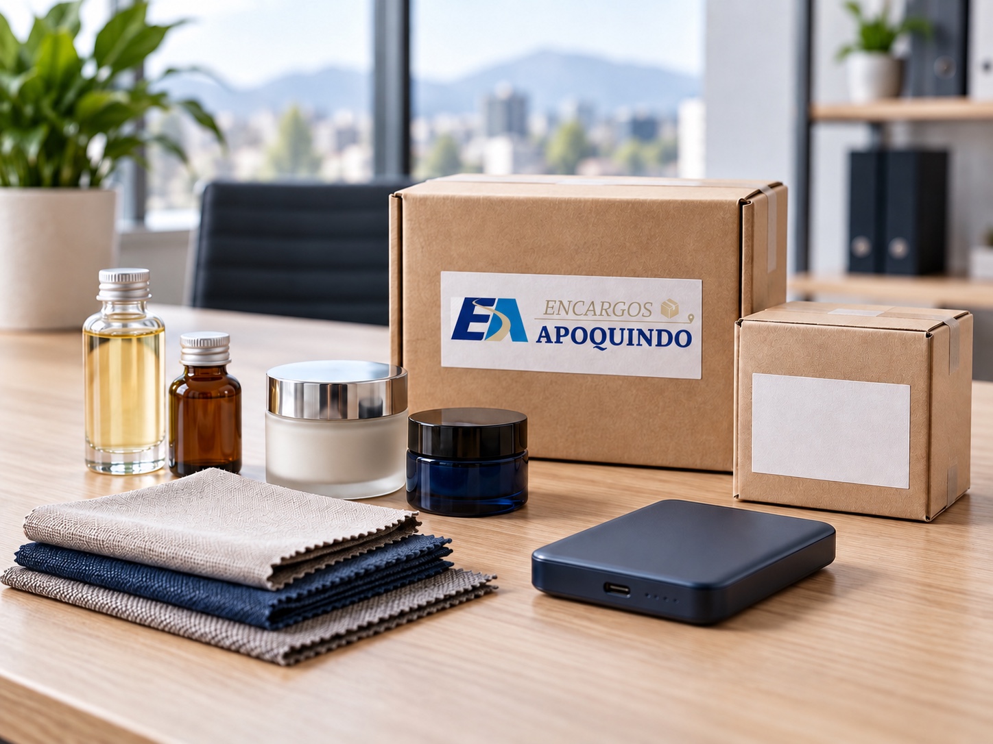 Muestras de productos organizadas junto a cajas Apoquindo sobre una mesa de oficina