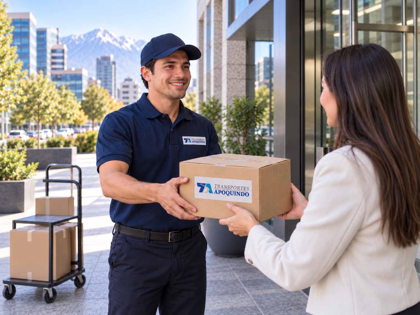 Repartidor de Apoquindo entrega una caja con el logo de la empresa en el exterior de una oficina