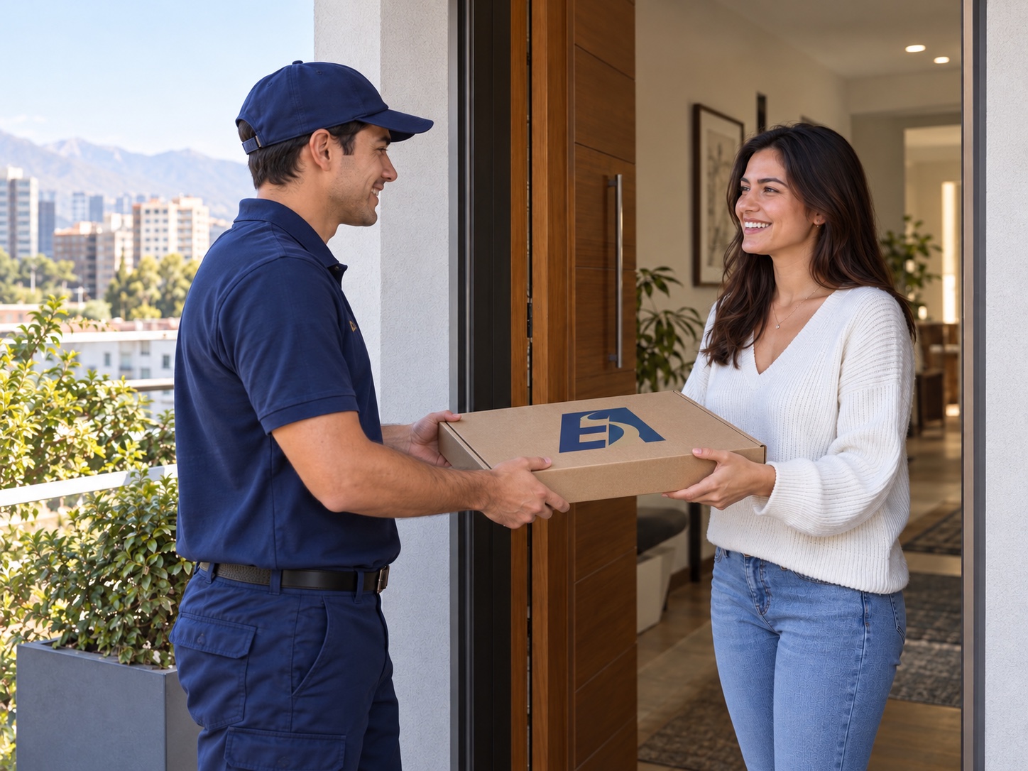 Repartidor de Apoquindo entrega una caja plana para notebook en un domicilio